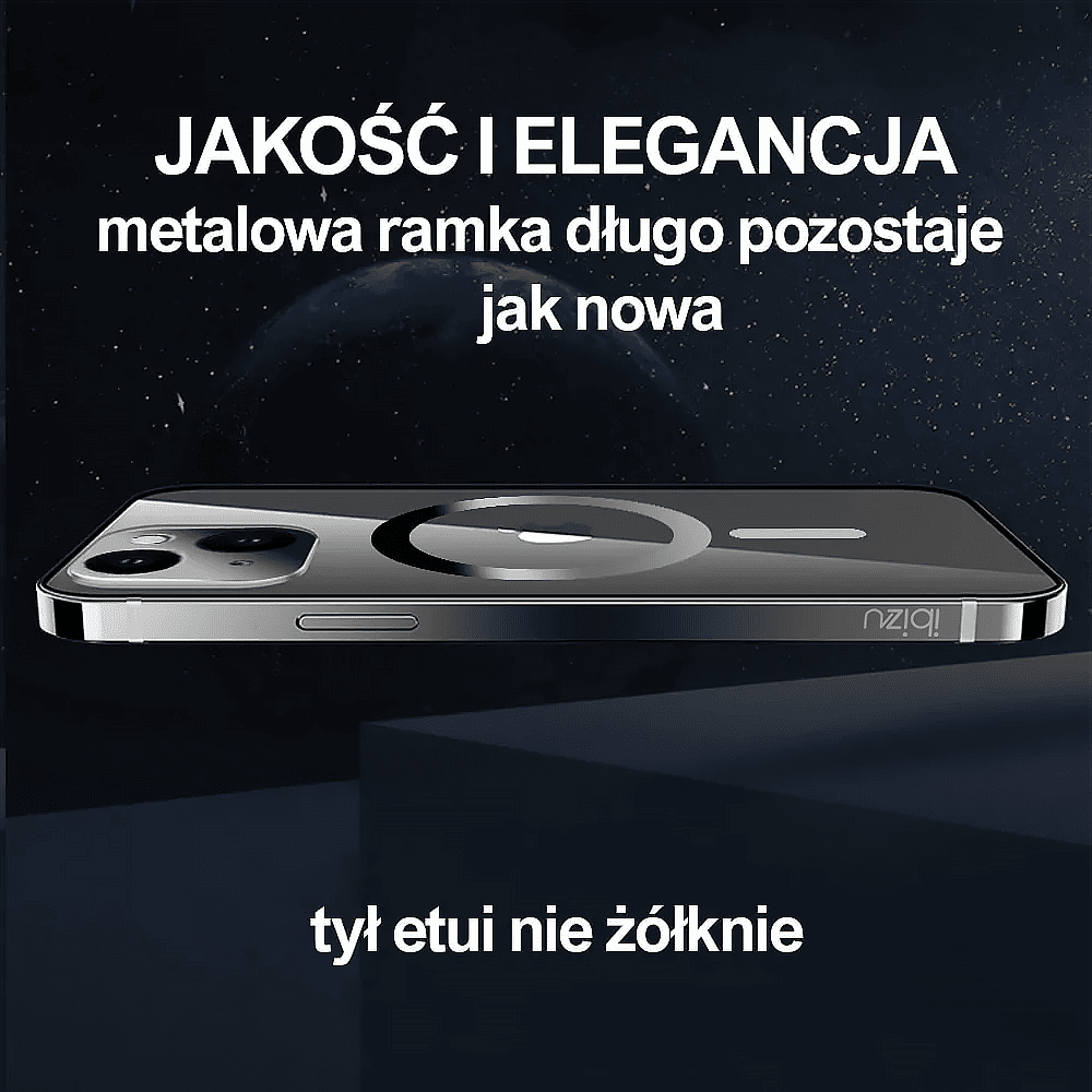 Etui do iPhone 14 Ibizu Elite Skin, krystalicznie czyste z metalową ramką, czarne z MagSafe