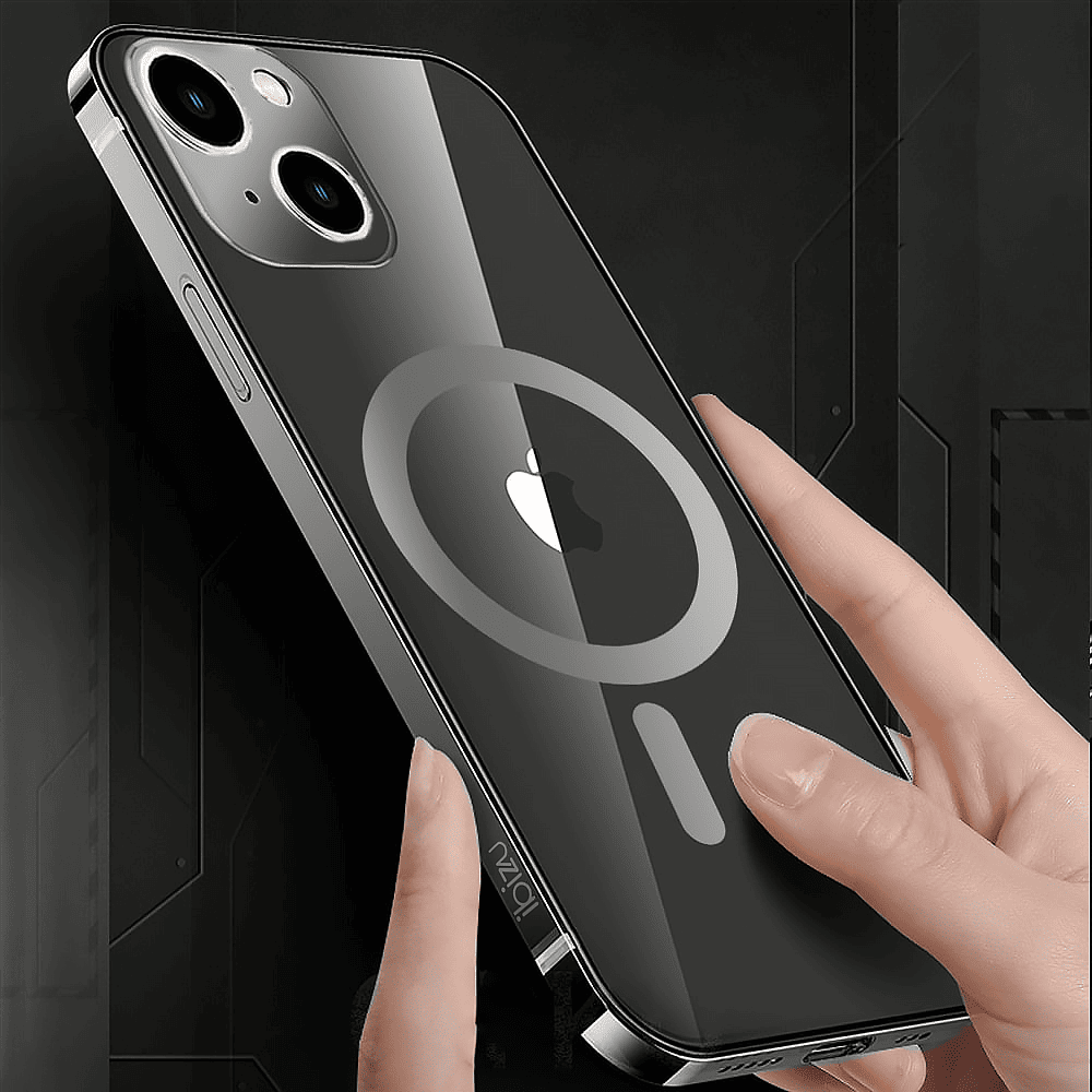 Etui do iPhone 14 Ibizu Elite Skin, krystalicznie czyste z metalową ramką, czarne z MagSafe