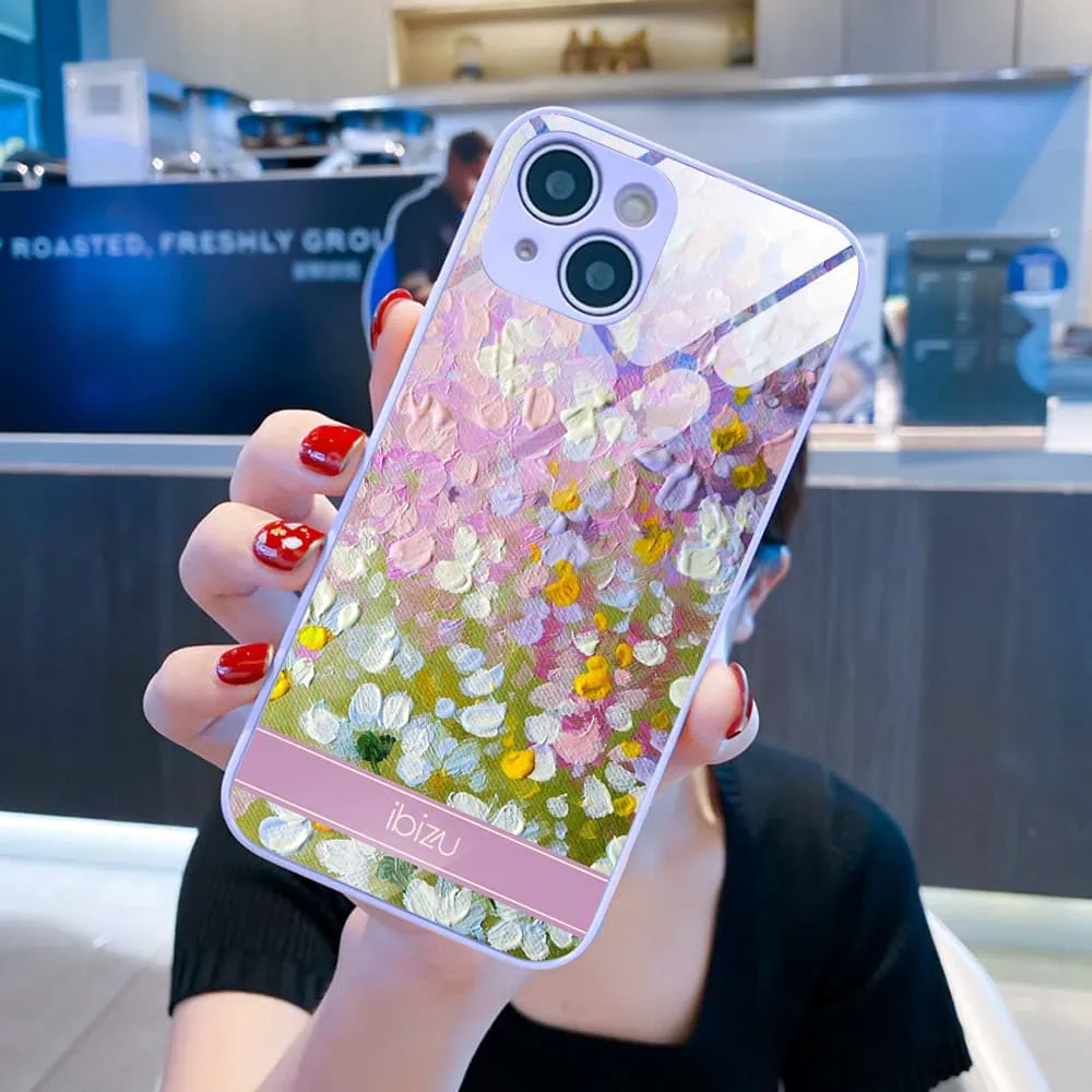 Etui do iPhone 13, Ibizu, szklany tył, osłona kamery, malowana łąka, fioletowe