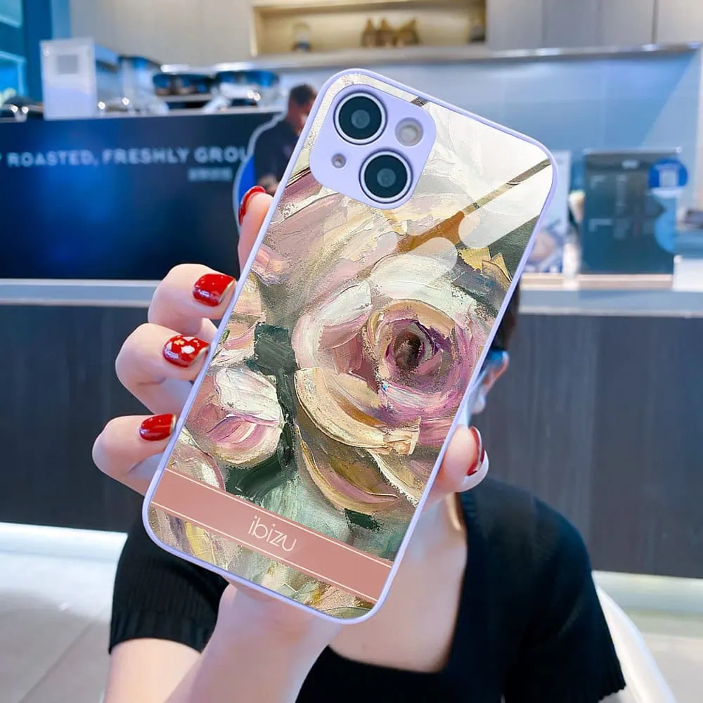 Etui do iPhone 13, Ibizu, szklany tył, osłona kamery, namalowane róże, fioletowe