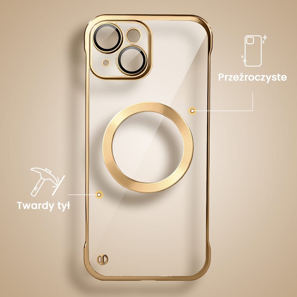 Etui do iPhone 13 MagSafe Luxury Protect Lite przeźroczyste, hybrydowa ochrona kamery, złote
