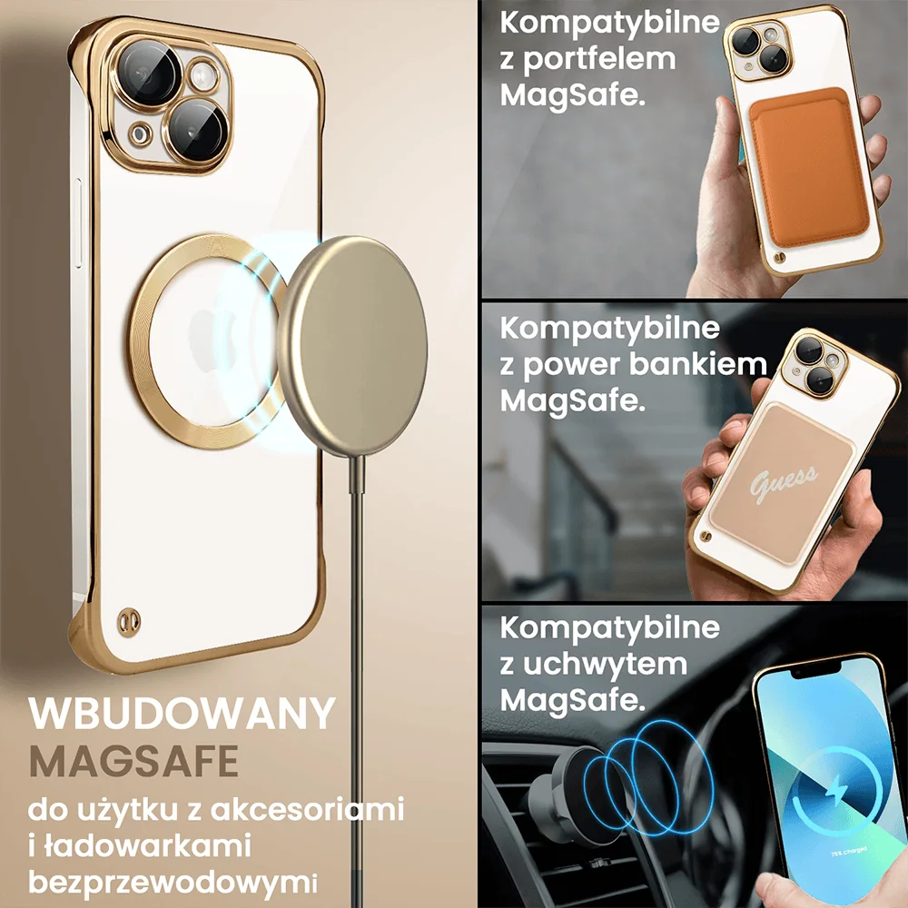 Etui do iPhone 13 MagSafe Luxury Protect Lite przeźroczyste, hybrydowa ochrona kamery, złote