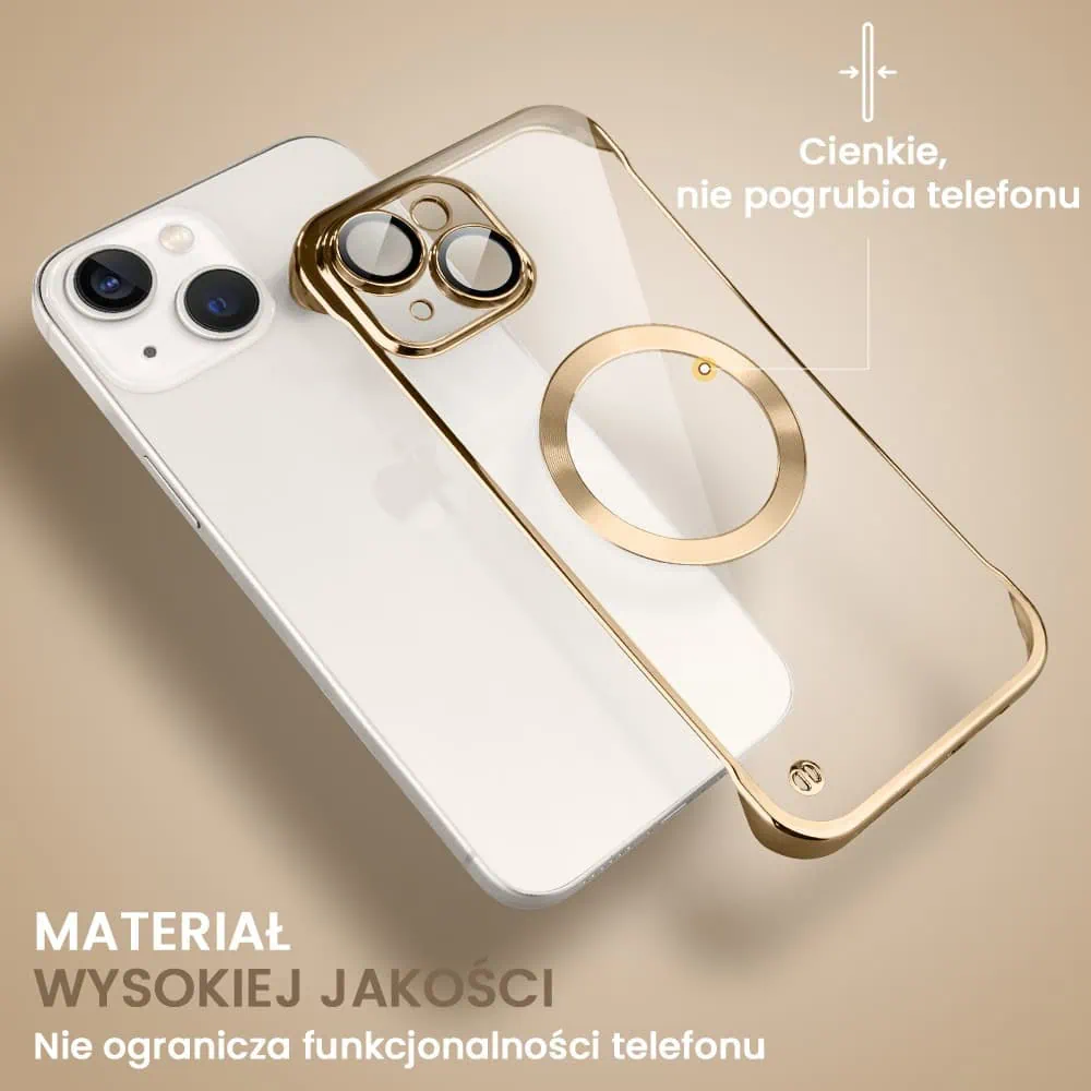 Etui do iPhone 13 MagSafe Luxury Protect Lite przeźroczyste, hybrydowa ochrona kamery, złote