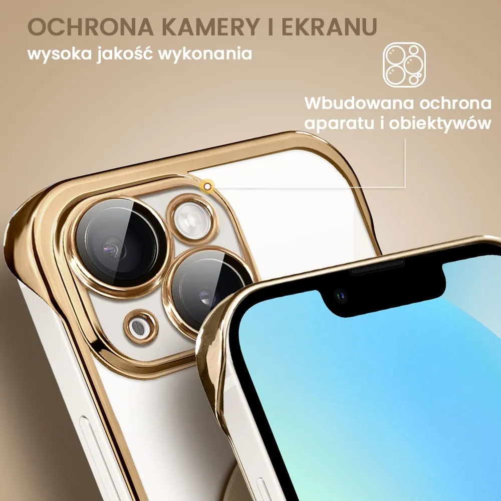 Etui do iPhone 13 MagSafe Luxury Protect Lite przeźroczyste, hybrydowa ochrona kamery, złote