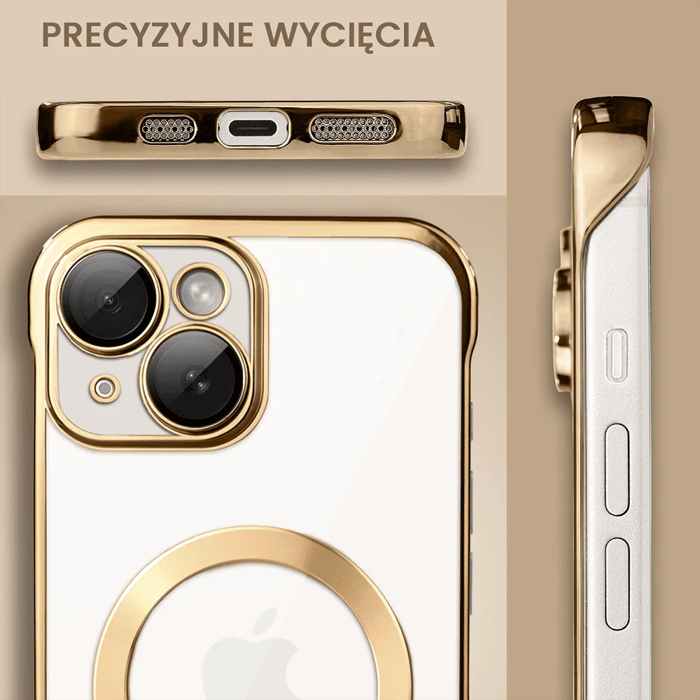 Etui do iPhone 13 MagSafe Luxury Protect Lite przeźroczyste, hybrydowa ochrona kamery, złote