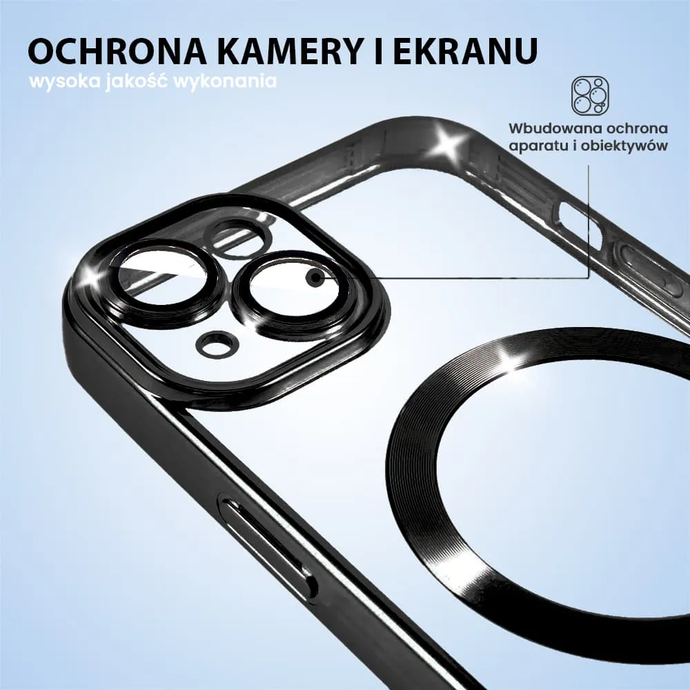 Etui do iPhone 14 Plus MagSafe Luxury Protect przeźroczyste, hybrydowa ochrona kamery, czarne