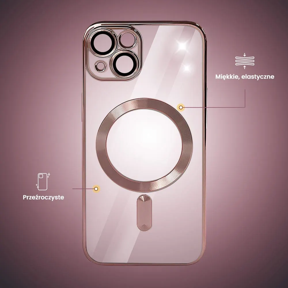 Etui do iPhone 15 MagSafe Luxury Protect przeźroczyste, hybrydowa ochrona kamery, różowe złoto (OUTLET)