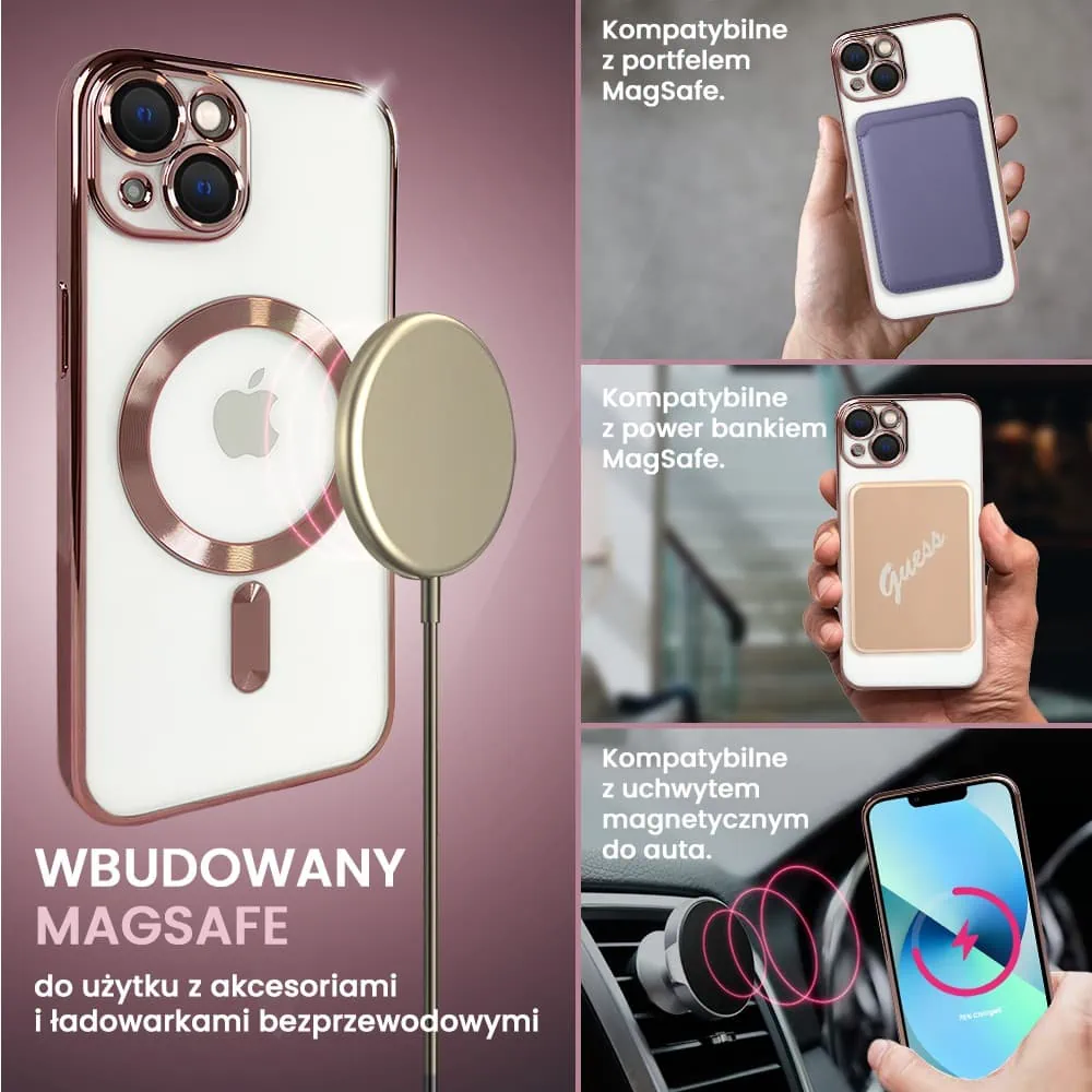 Etui do iPhone 15 MagSafe Luxury Protect przeźroczyste, hybrydowa ochrona kamery, różowe złoto (OUTLET)