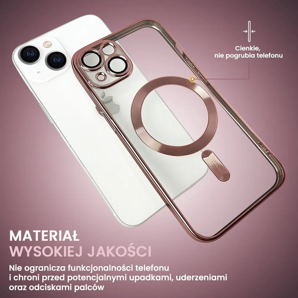 Etui do iPhone 15 MagSafe Luxury Protect przeźroczyste, hybrydowa ochrona kamery, różowe złoto (OUTLET)