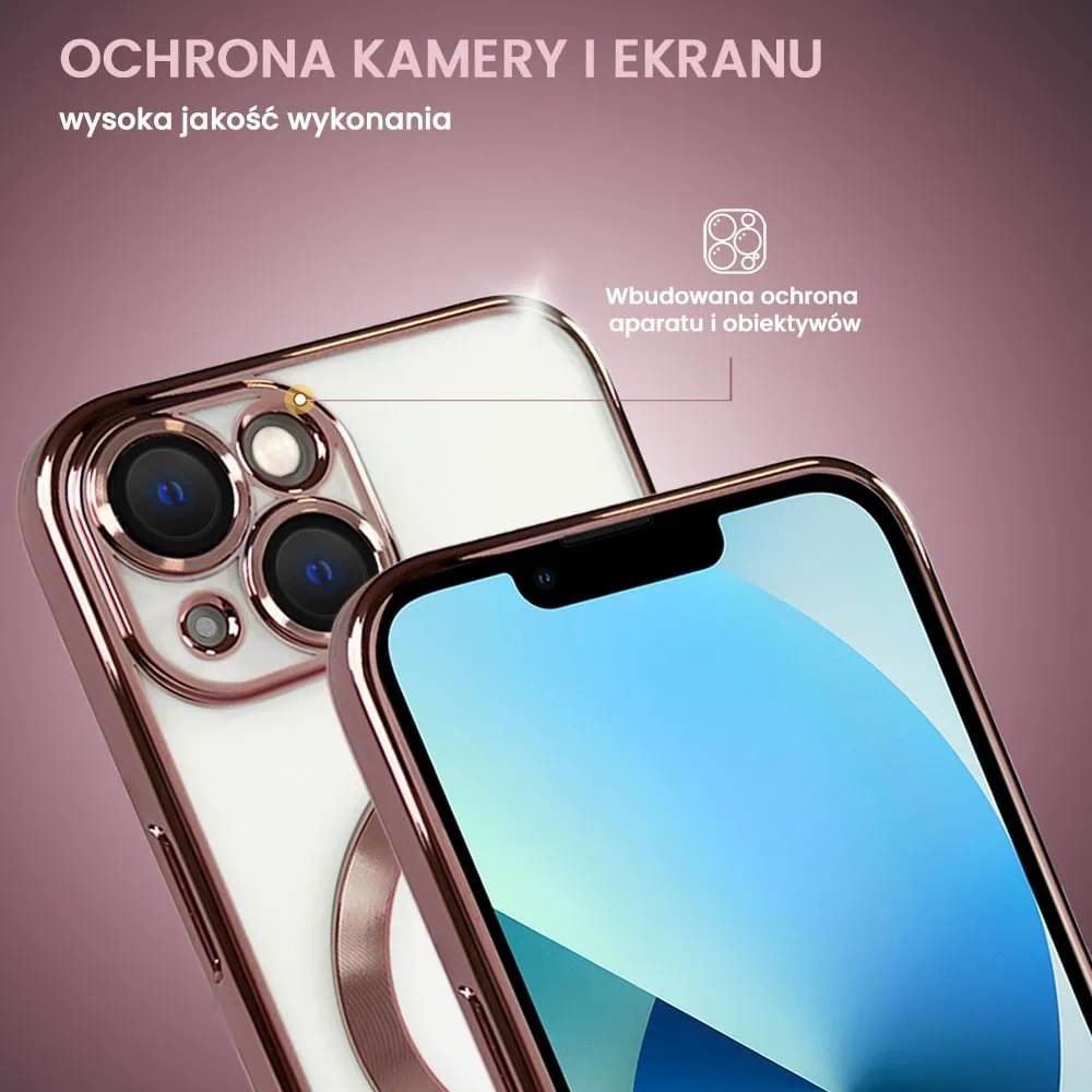Etui do iPhone 15 MagSafe Luxury Protect przeźroczyste, hybrydowa ochrona kamery, różowe złoto (OUTLET)