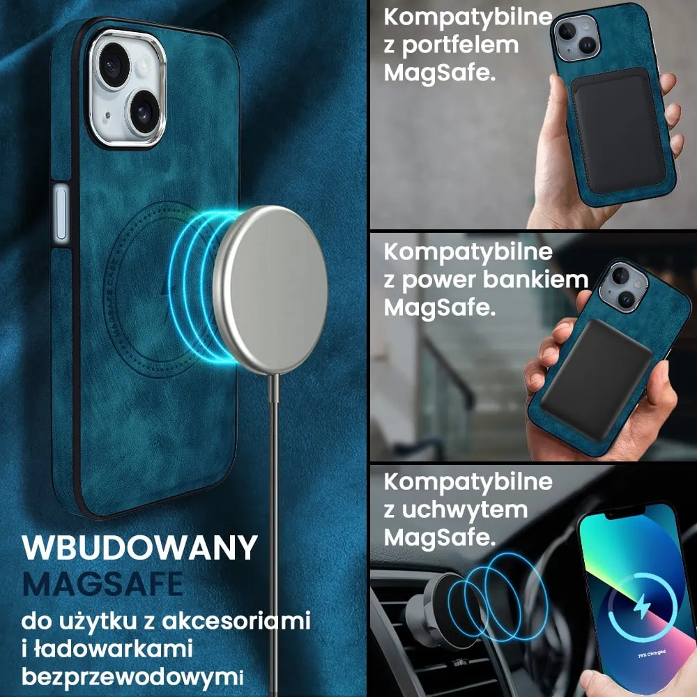 Etui do iPhone 13 Magsafe Business Leather, eleganckie, przyjemne w dotyku, granatowe