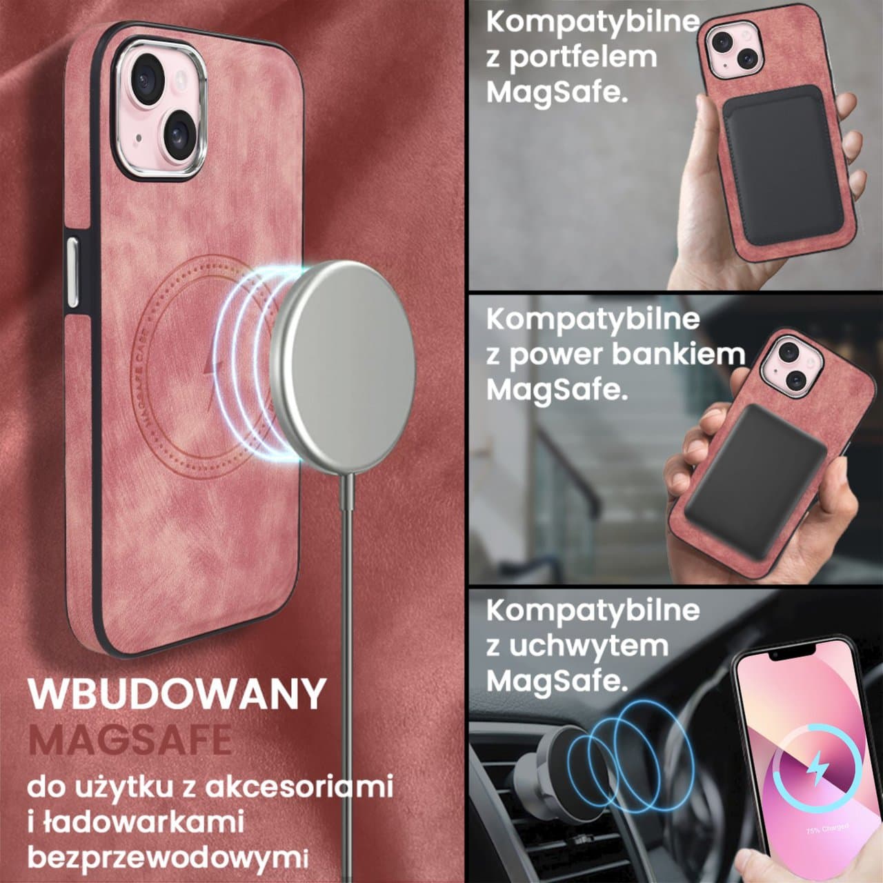 Etui do iPhone 13 Magsafe Business Leather, eleganckie, przyjemne w dotyku, koralowe