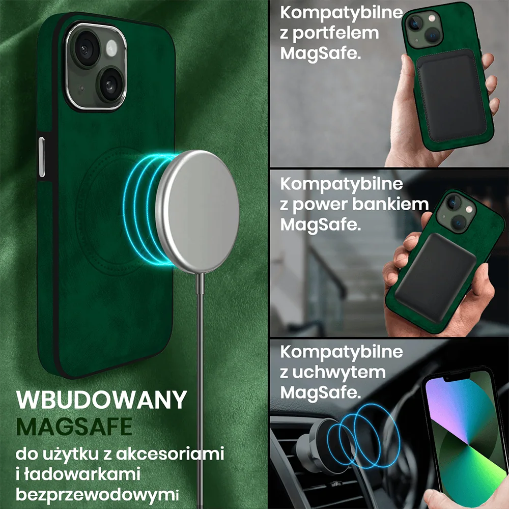Etui do iPhone 13 Magsafe Business Leather, eleganckie, przyjemne w dotyku, zielone