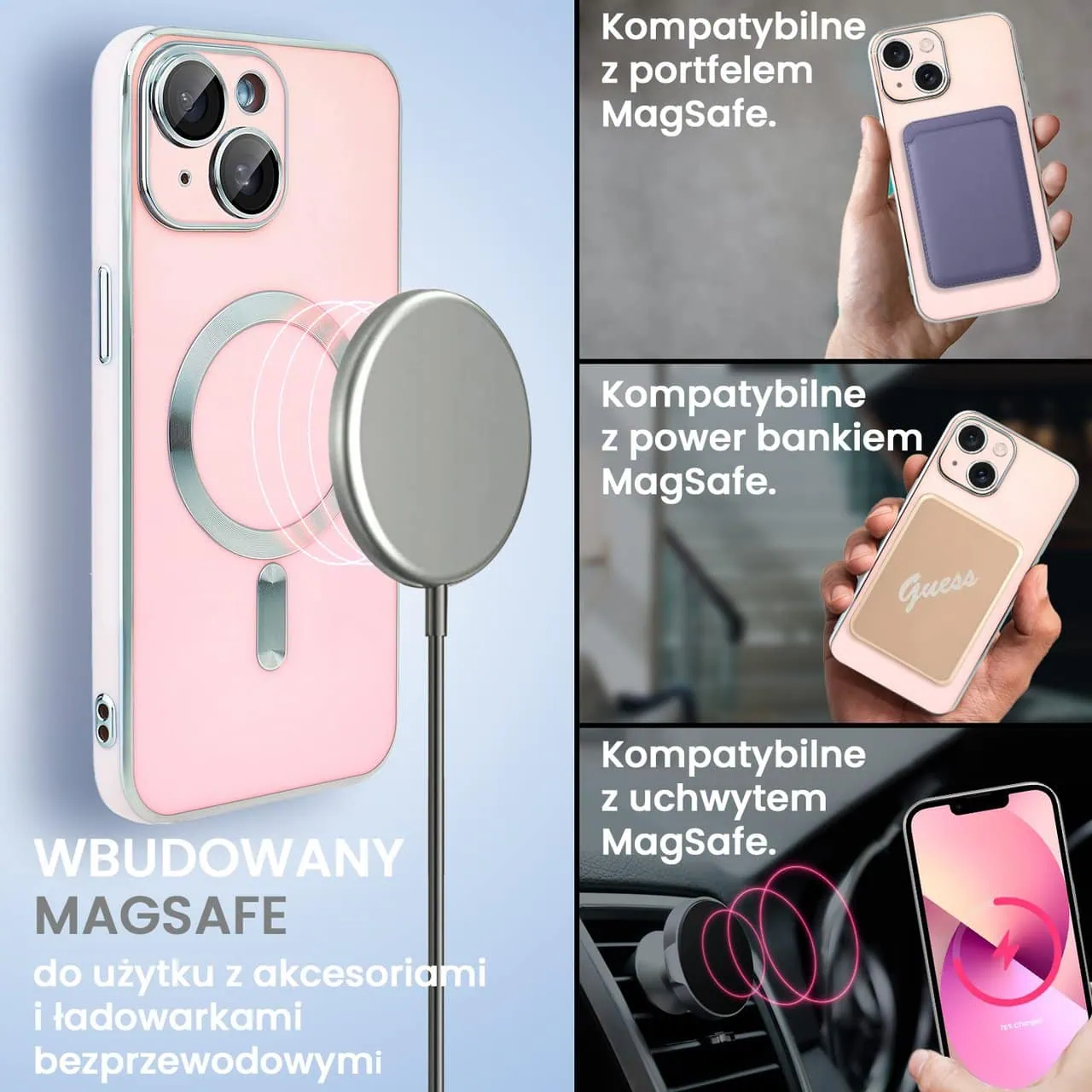 Etui do iPhone 13 Magsafe Silver Elegance, z osłoną aparatu, delikatnie różowe