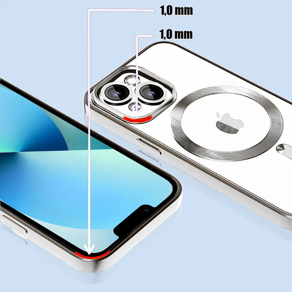 Etui do iPhone 13 Mini MagSafe Luxury Protect przeźroczyste, hybrydowa ochrona kamery, srebrne