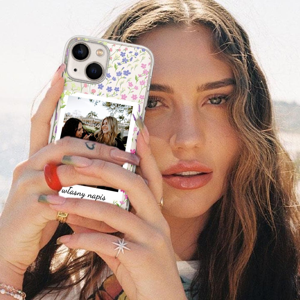 Etui do iPhone 13 Mini polaroid z własnym zdjęciem i napisem, kwiaty