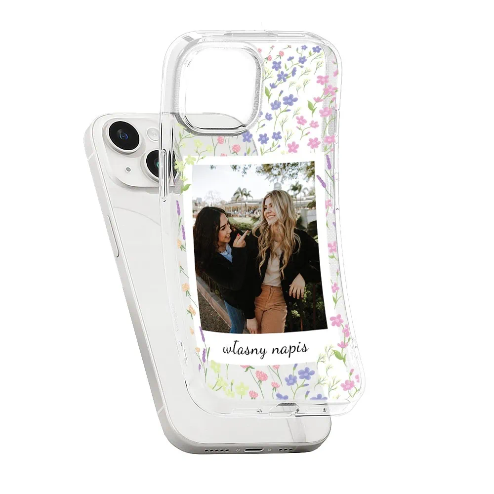 Etui do iPhone 13 Mini polaroid z własnym zdjęciem i napisem, kwiaty