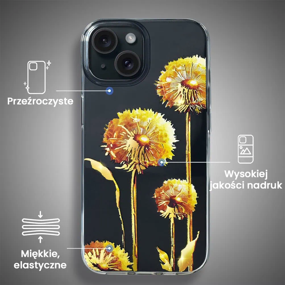Etui do iPhone 13 Mini, przeźroczyste, dmuchawce ze złotym zdobieniem