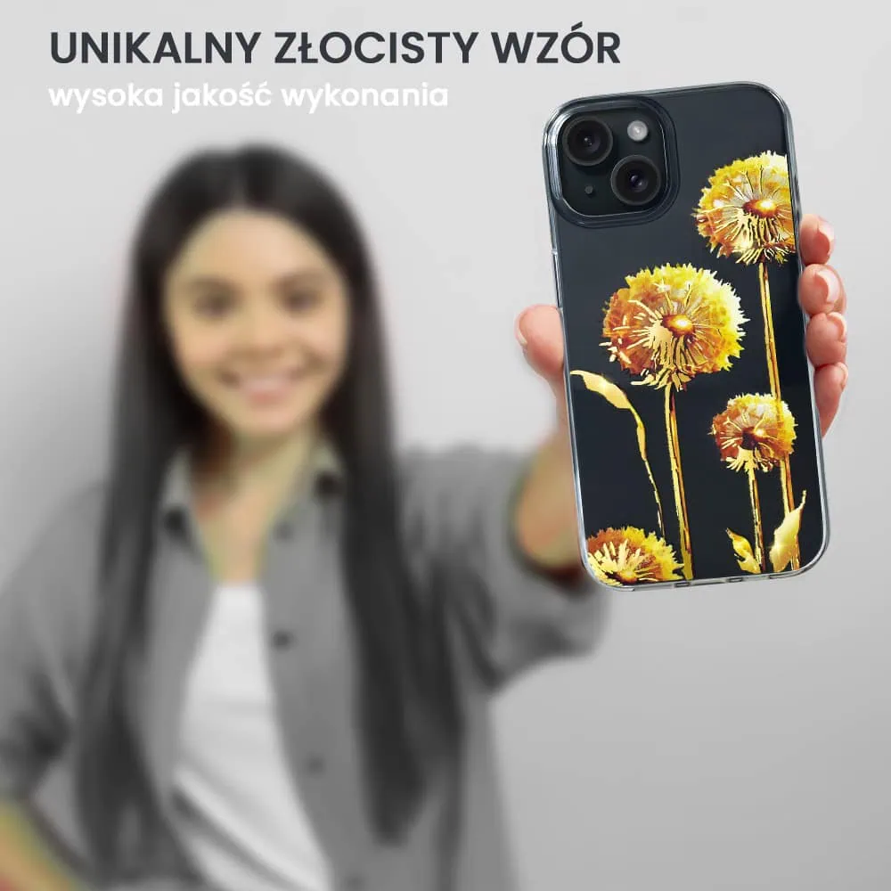 Etui do iPhone 13 Mini, przeźroczyste, dmuchawce ze złotym zdobieniem