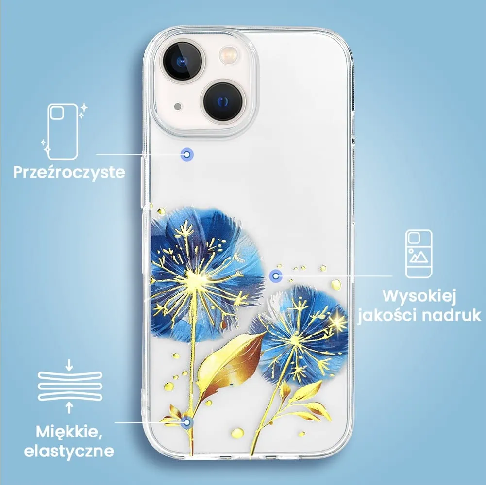 Etui do iPhone 13 Mini, przeźroczyste, niebieskie dmuchawce ze złotym zdobieniem