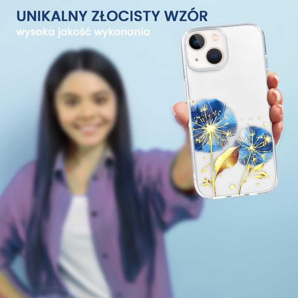 Etui do iPhone 13 Mini, przeźroczyste, niebieskie dmuchawce ze złotym zdobieniem