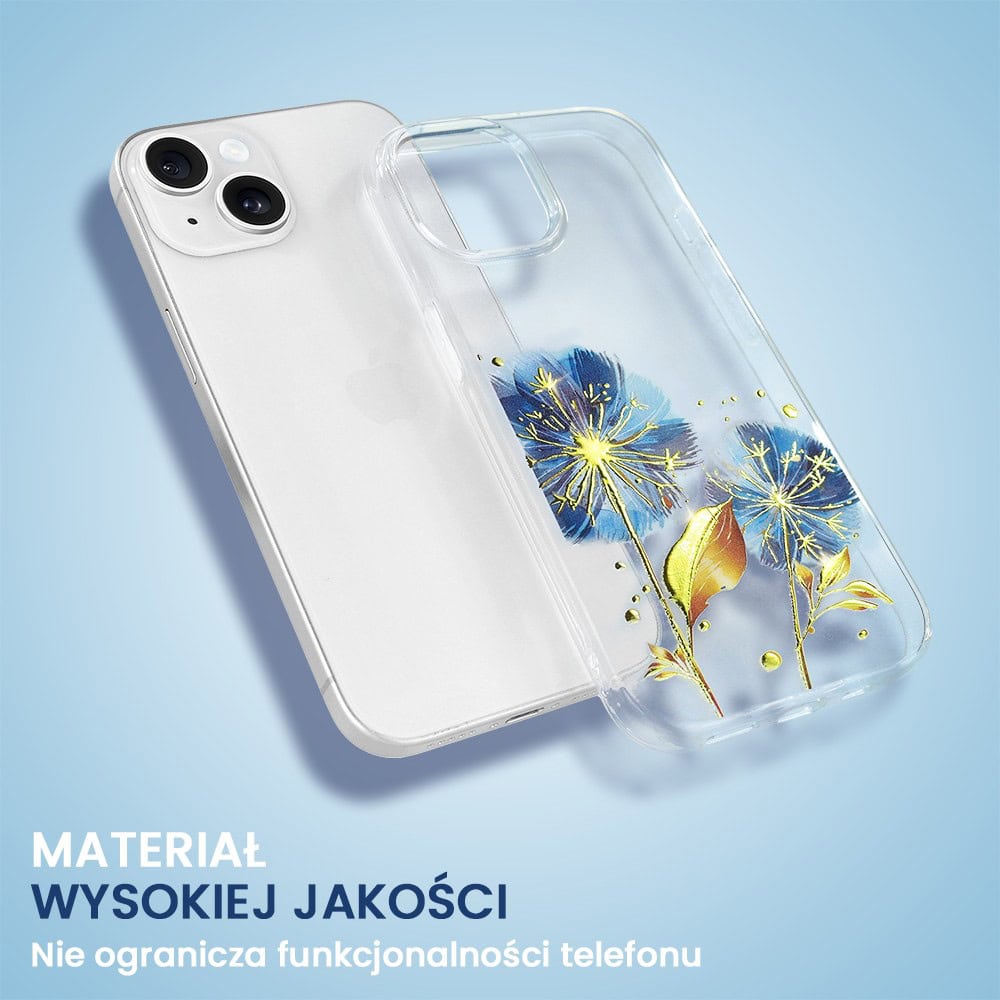 Etui do iPhone 13 Mini, przeźroczyste, niebieskie dmuchawce ze złotym zdobieniem