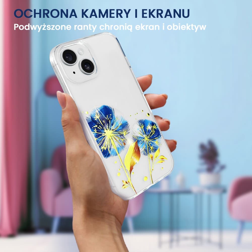 Etui do iPhone 13 Mini, przeźroczyste, niebieskie dmuchawce ze złotym zdobieniem