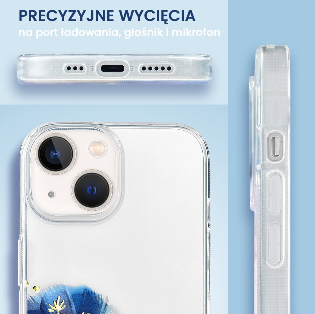 Etui do iPhone 13 Mini, przeźroczyste, niebieskie dmuchawce ze złotym zdobieniem