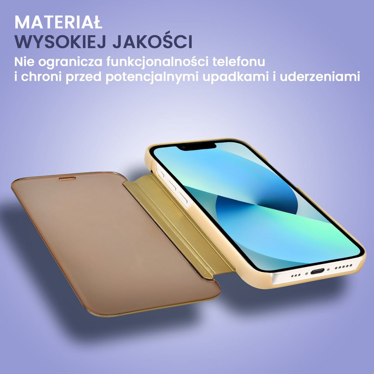 Etui do iPhone 13 Mirror View zamykane typu książka, eleganckie lustrzane, złote