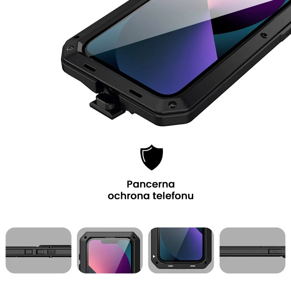 Etui do iPhone 13 Panzer Max, metalowa, skręcana, pancerna obudowa przód+tył, czarne