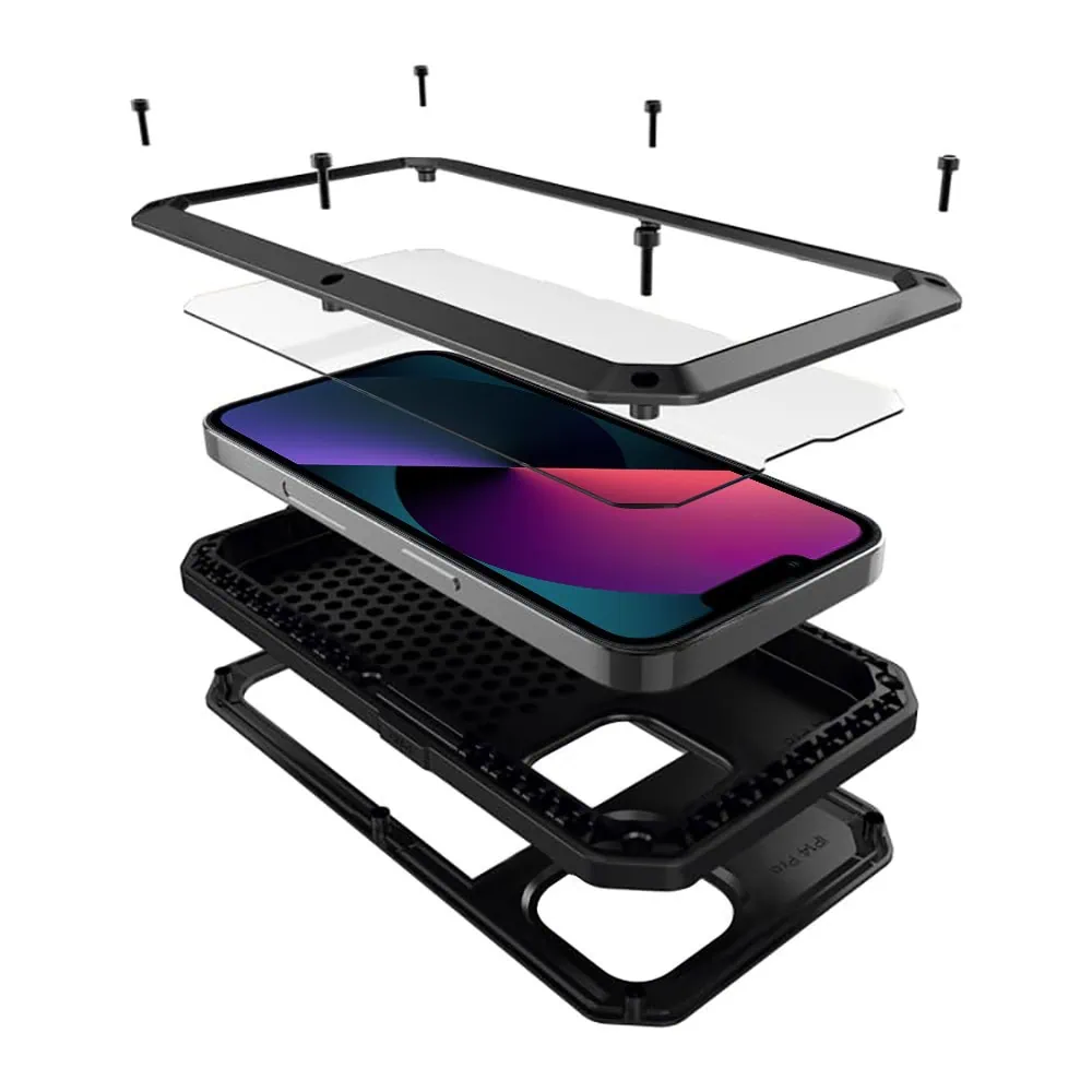 Etui do iPhone 13 Panzer Max, metalowa, skręcana, pancerna obudowa przód+tył, czarne