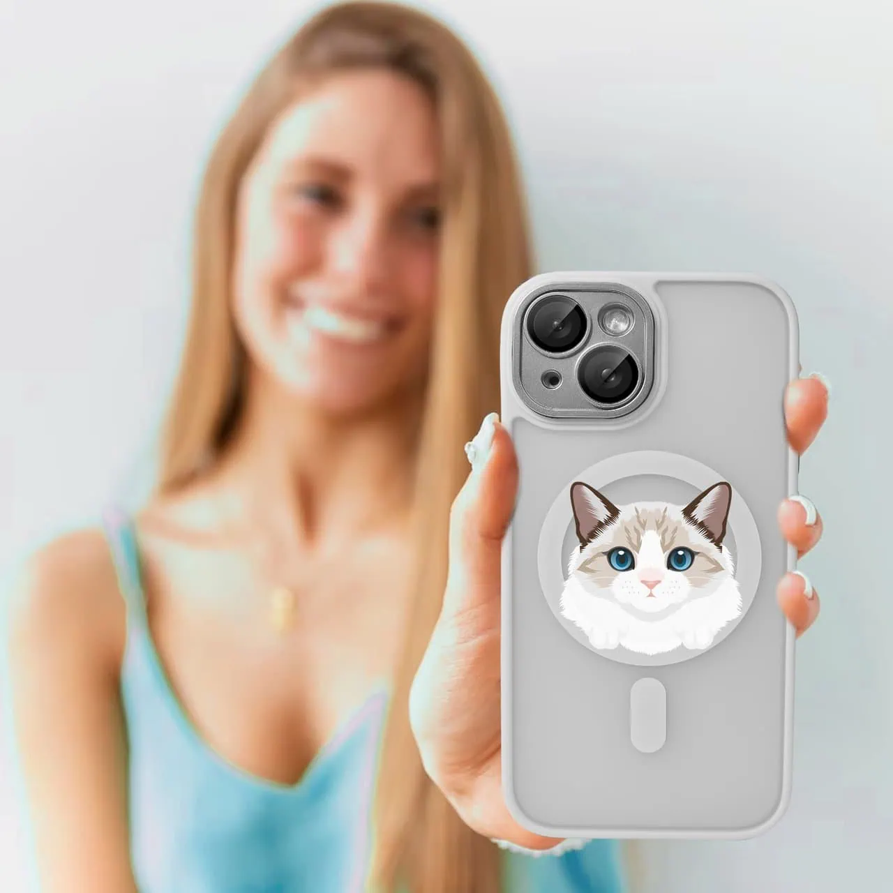 Etui do iPhone 13 Color Flush z Magsafe, z osłoną aparatu, kot birmański, popielate