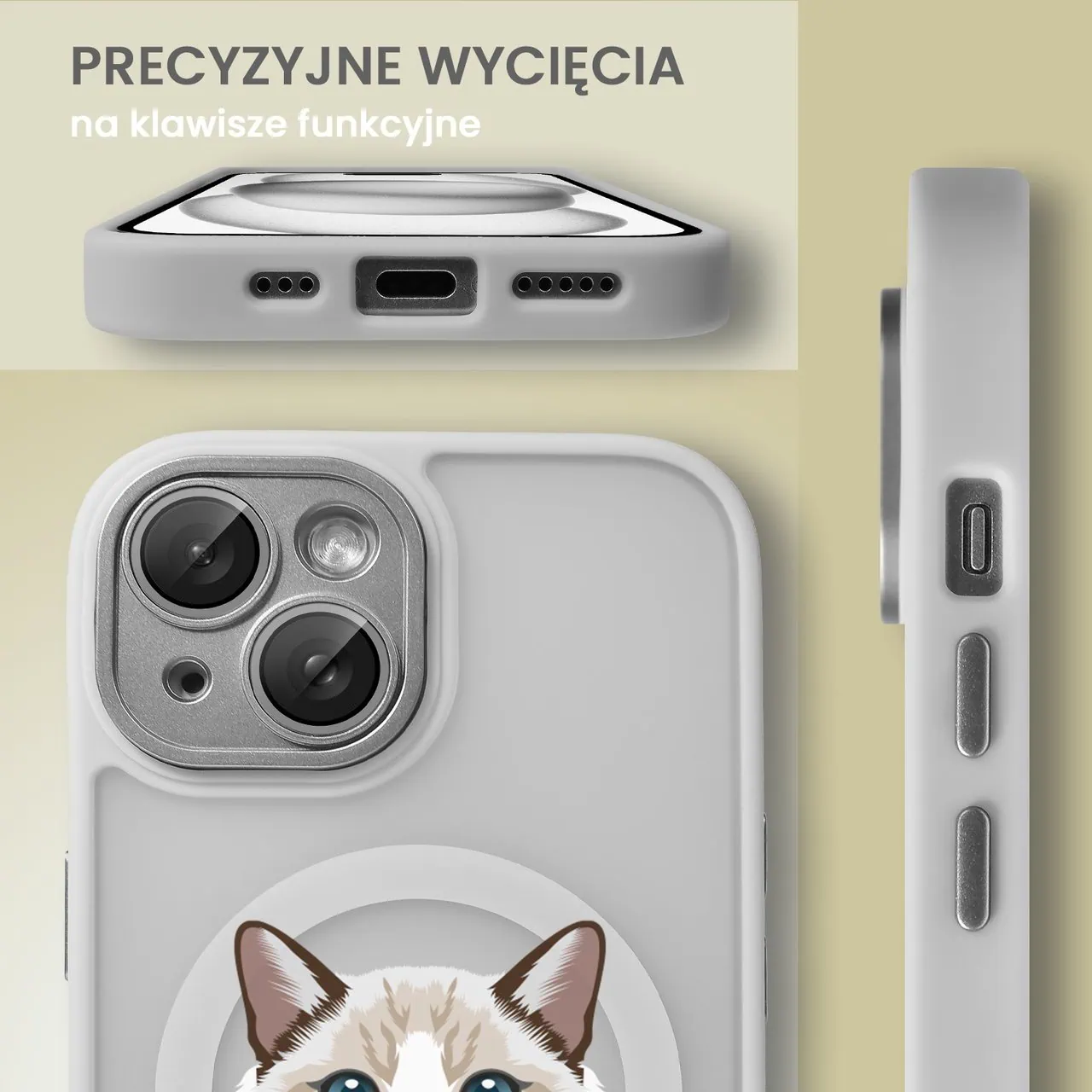 Etui do iPhone 13 Color Flush z Magsafe, z osłoną aparatu, kot birmański, popielate