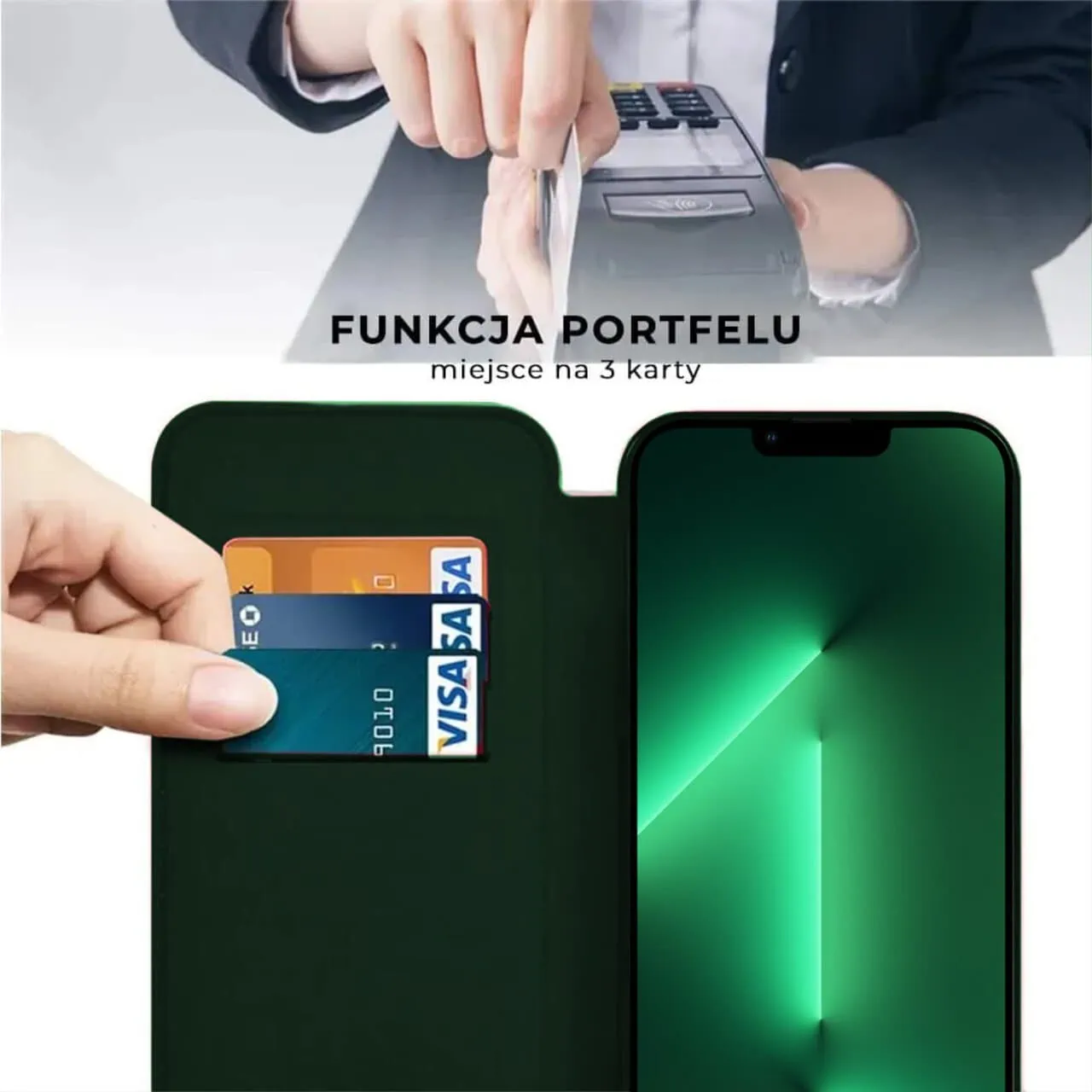 Etui do iPhone 13 Pro typu książka Book Magsafe Lens Protect, z klapką, zielone