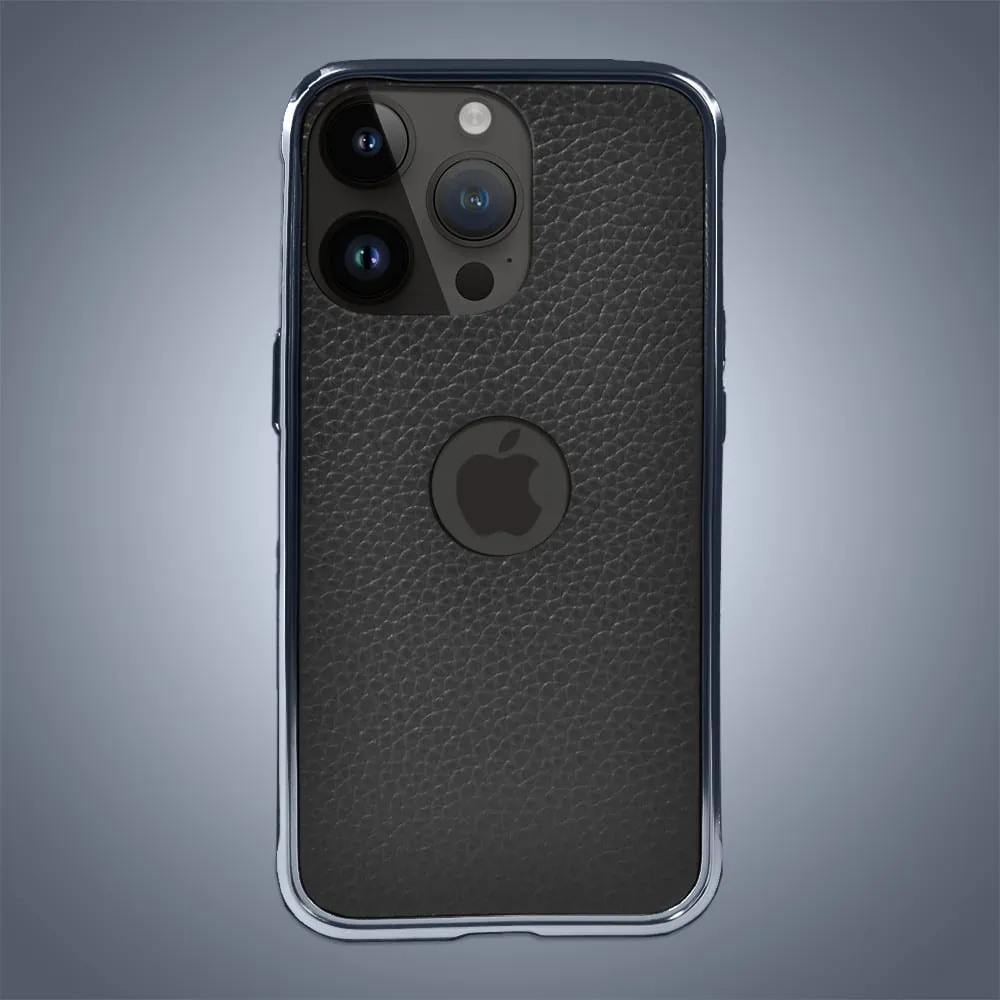 Etui do iPhone 13 Pro Max, 2w1 z metalową ramką i wycięciem na logo, czarno granatowe