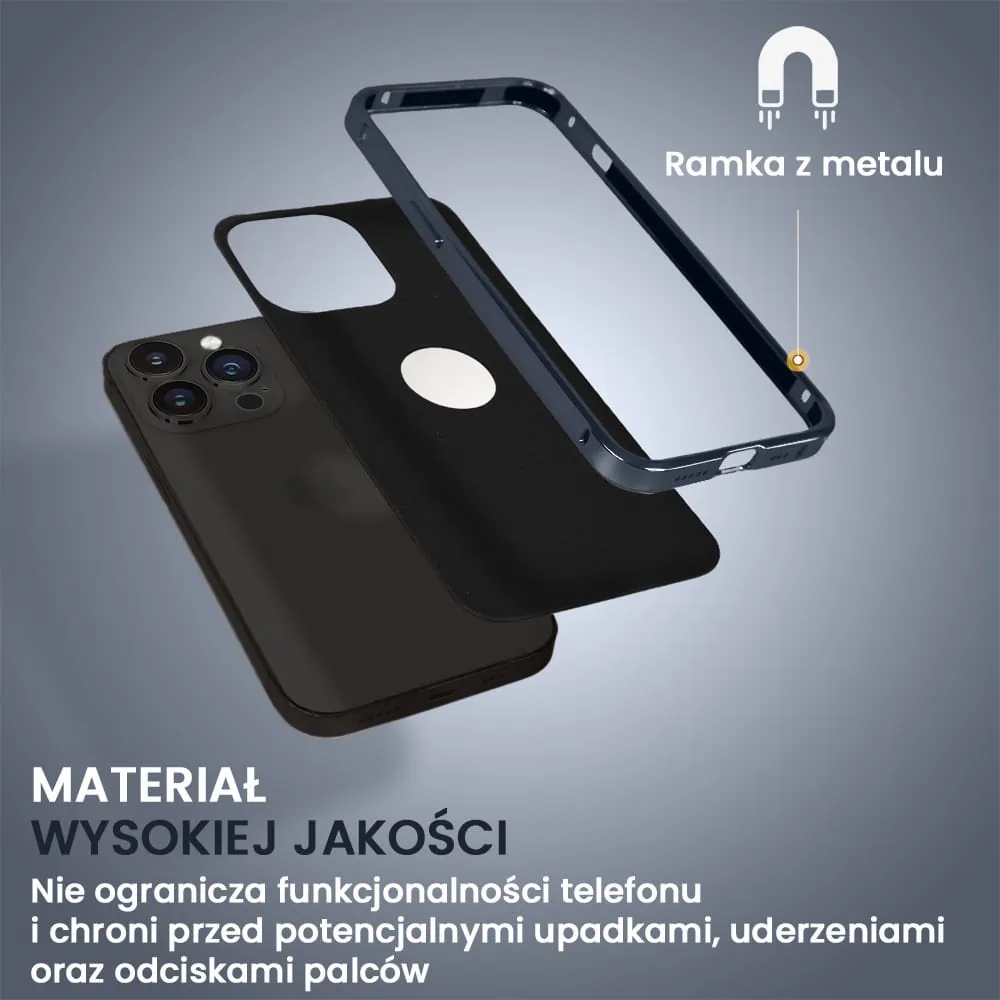 Etui do iPhone 13 Pro Max, 2w1 z metalową ramką i wycięciem na logo, czarno granatowe