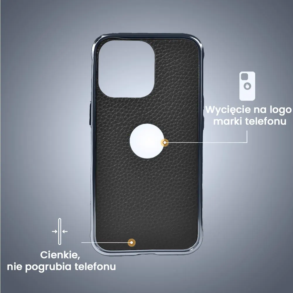 Etui do iPhone 13 Pro Max, 2w1 z metalową ramką i wycięciem na logo, czarno granatowe