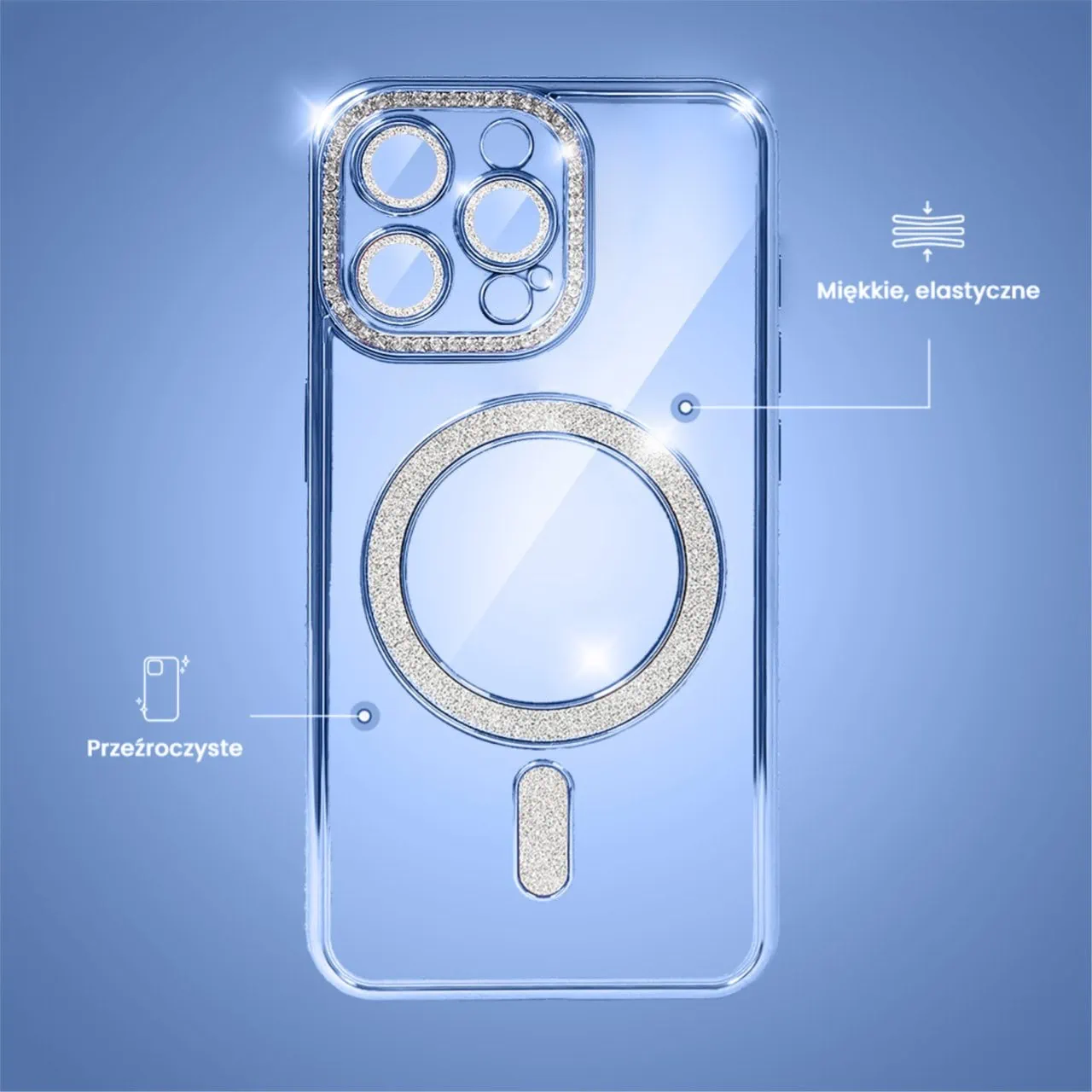 Etui do iPhone 13 Pro Max Diadem Glow, błyszczące z MagSafe, przeźroczyste, niebieskie (OUTLET)
