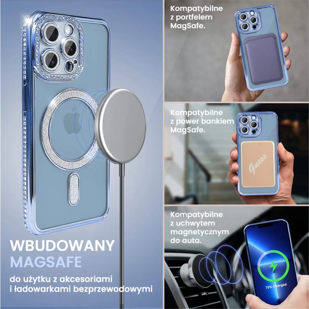 Etui do iPhone 13 Pro Max Diadem Glow, błyszczące z MagSafe, przeźroczyste, niebieskie (OUTLET)