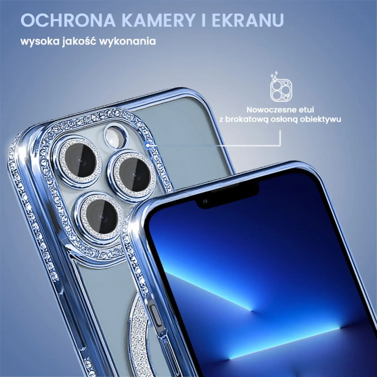 Etui do iPhone 13 Pro Max Diadem Glow, błyszczące z MagSafe, przeźroczyste, niebieskie (OUTLET)