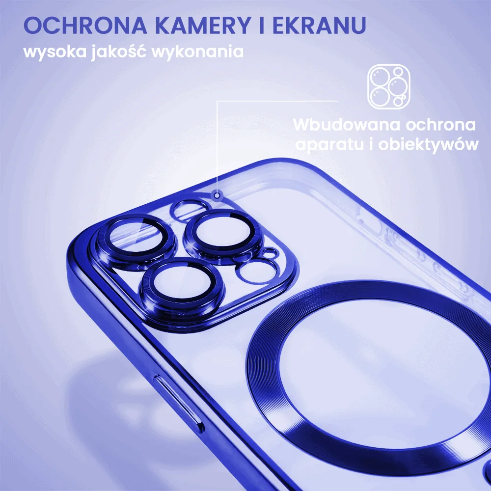 Etui do iPhone 13 Pro MagSafe Luxury Protect przeźroczyste, hybrydowa ochrona kamery, granatowe