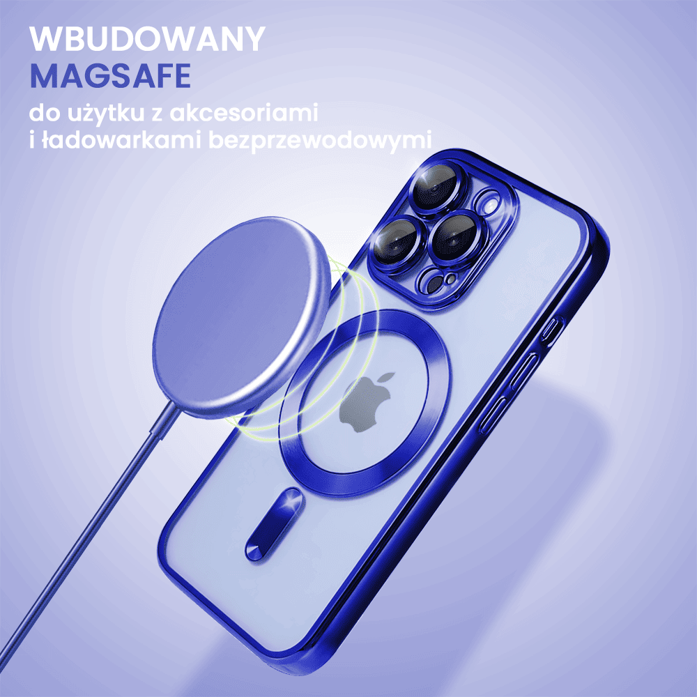 Etui do iPhone 13 Pro MagSafe Luxury Protect przeźroczyste, hybrydowa ochrona kamery, granatowe