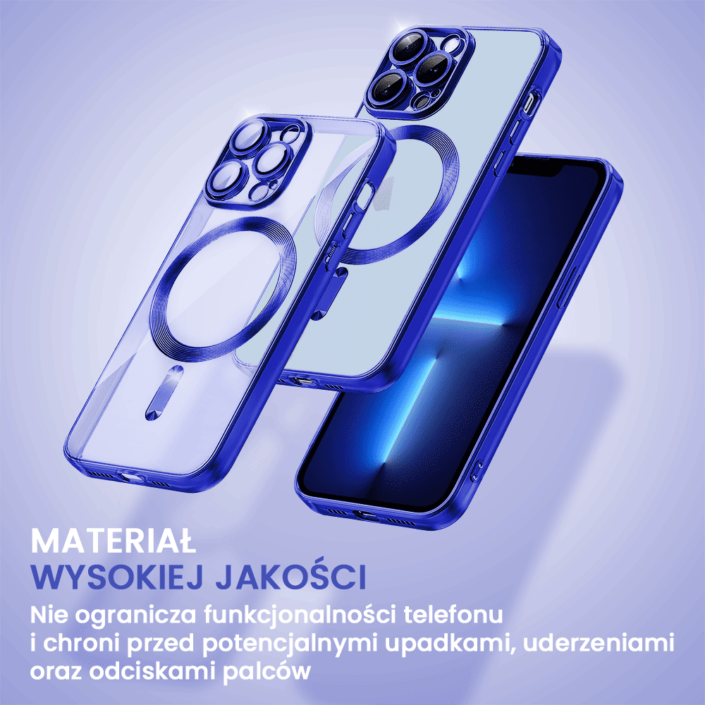 Etui do iPhone 13 Pro MagSafe Luxury Protect przeźroczyste, hybrydowa ochrona kamery, granatowe