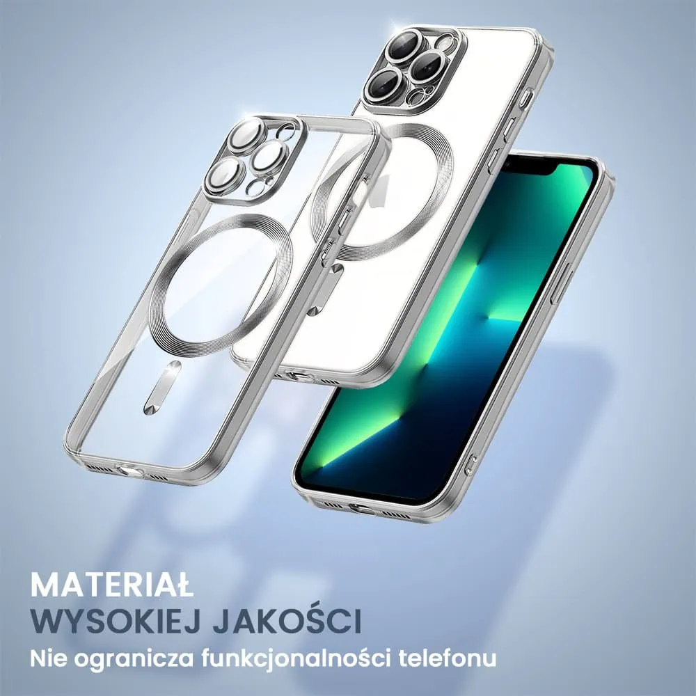 Etui do iPhone 13 Pro MagSafe Luxury Protect przeźroczyste, hybrydowa ochrona kamery, srebrne
