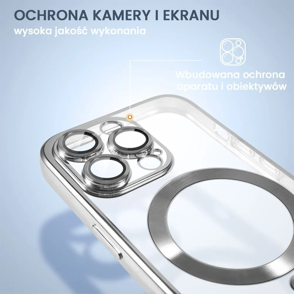 Etui do iPhone 13 Pro MagSafe Luxury Protect przeźroczyste, hybrydowa ochrona kamery, srebrne