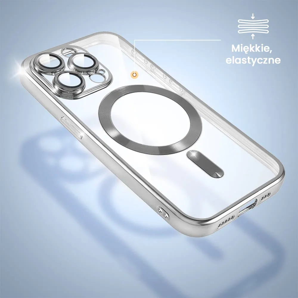 Etui do iPhone 13 Pro MagSafe Luxury Protect przeźroczyste, hybrydowa ochrona kamery, srebrne