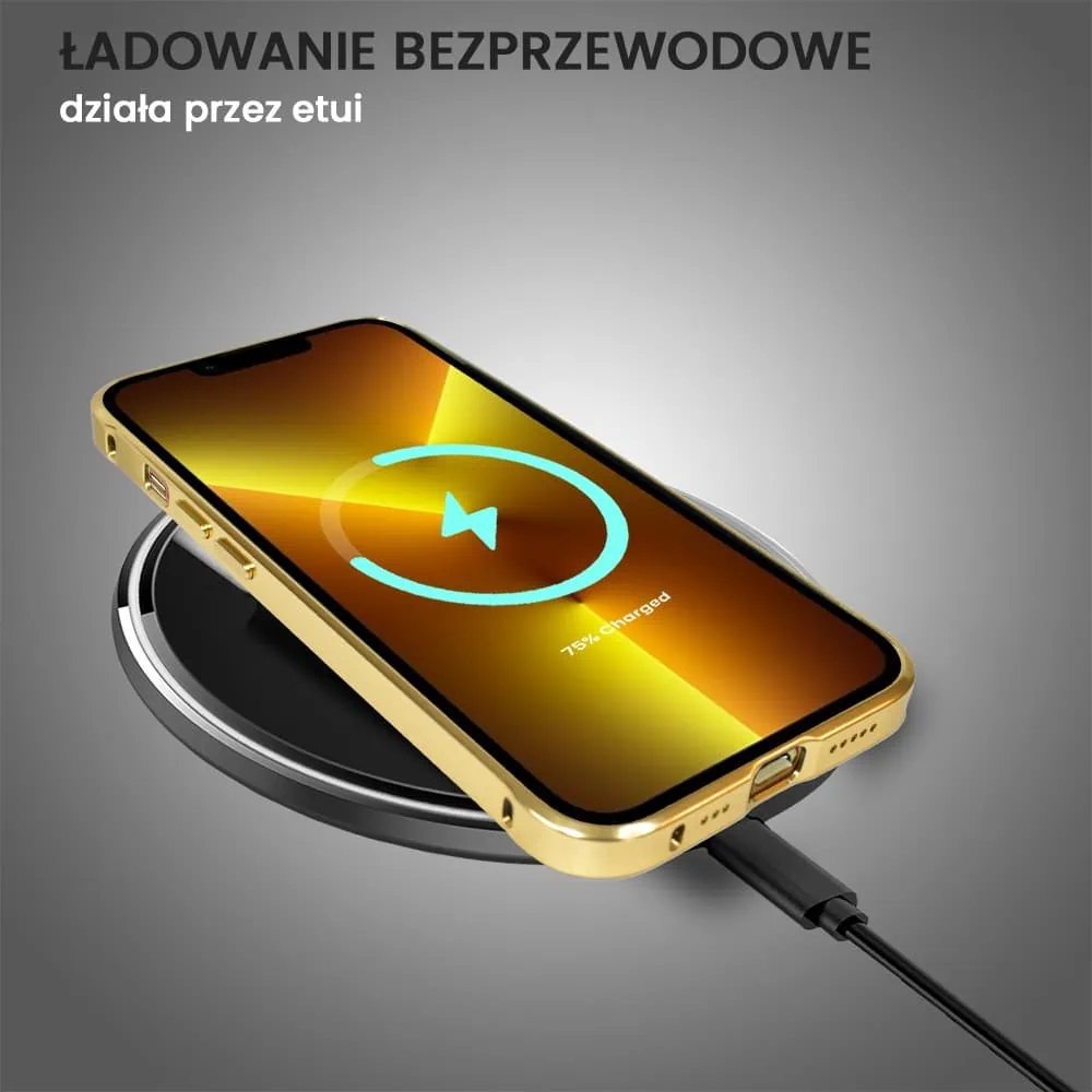 Etui do iPhone 13 Pro, 2w1 z metalową ramką i wycięciem na logo, czarno złote