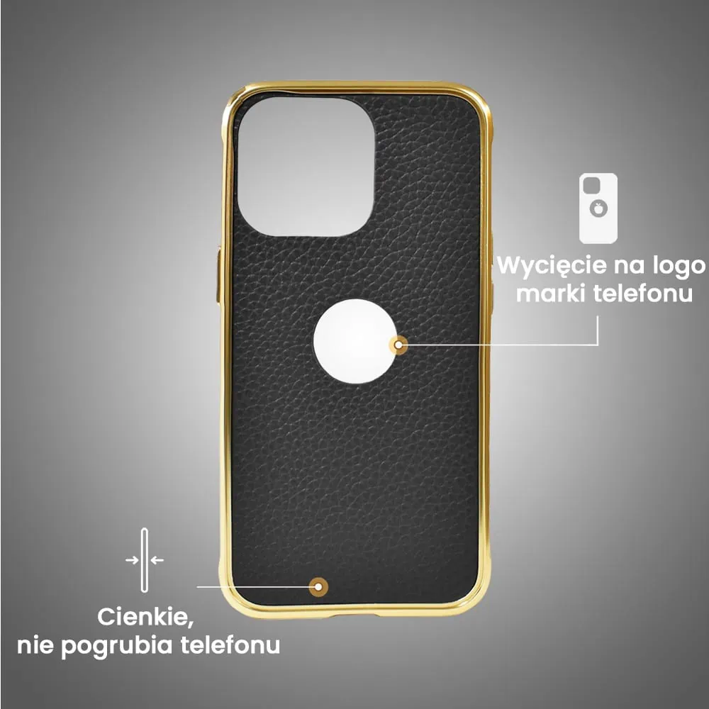 Etui do iPhone 13 Pro, 2w1 z metalową ramką i wycięciem na logo, czarno złote