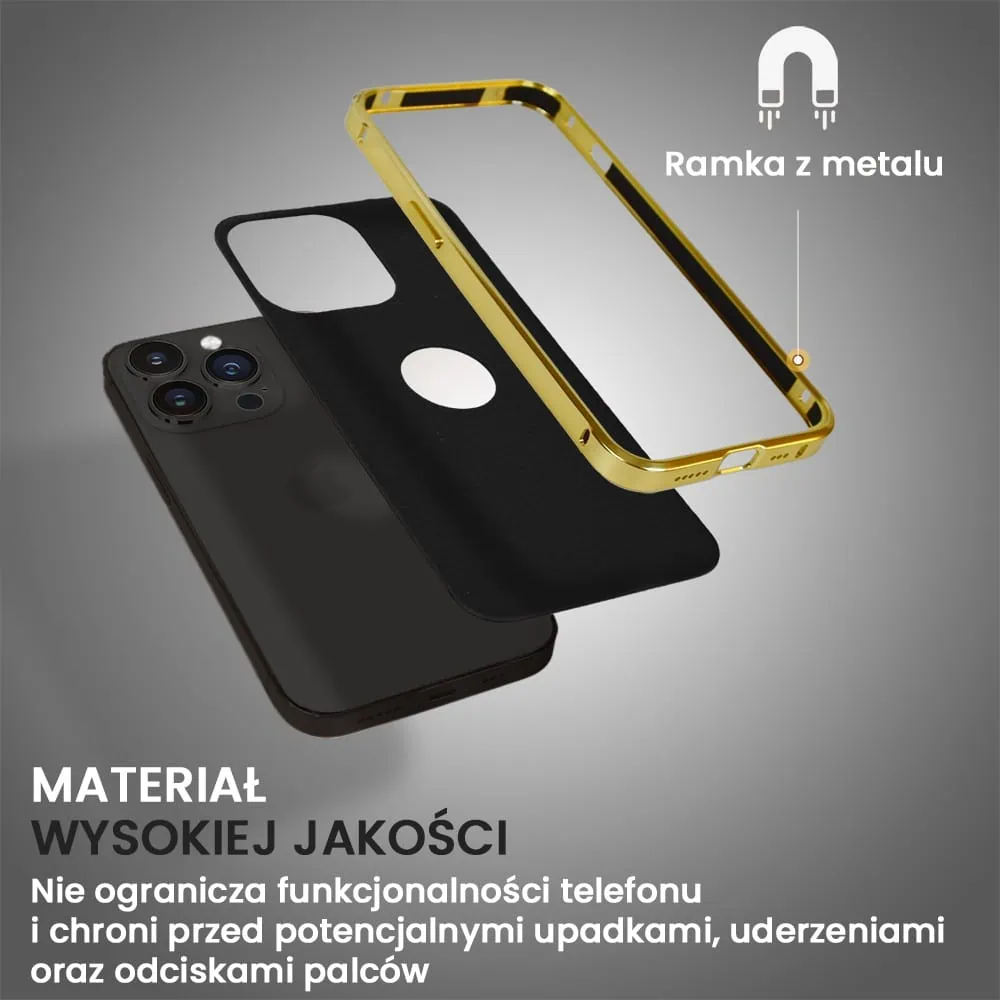 Etui do iPhone 13 Pro, 2w1 z metalową ramką i wycięciem na logo, czarno złote