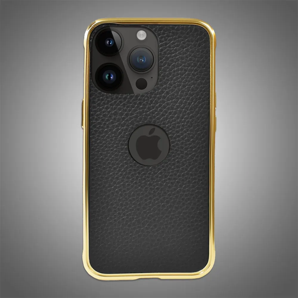 Etui do iPhone 13 Pro, 2w1 z metalową ramką i wycięciem na logo, czarno złote